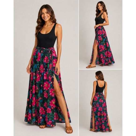 Patrons of Peace Dresses & Skirts - Patrons of Peace Floral Maxi Skirt Pink Blue Tropical High  Belt Womens Medium